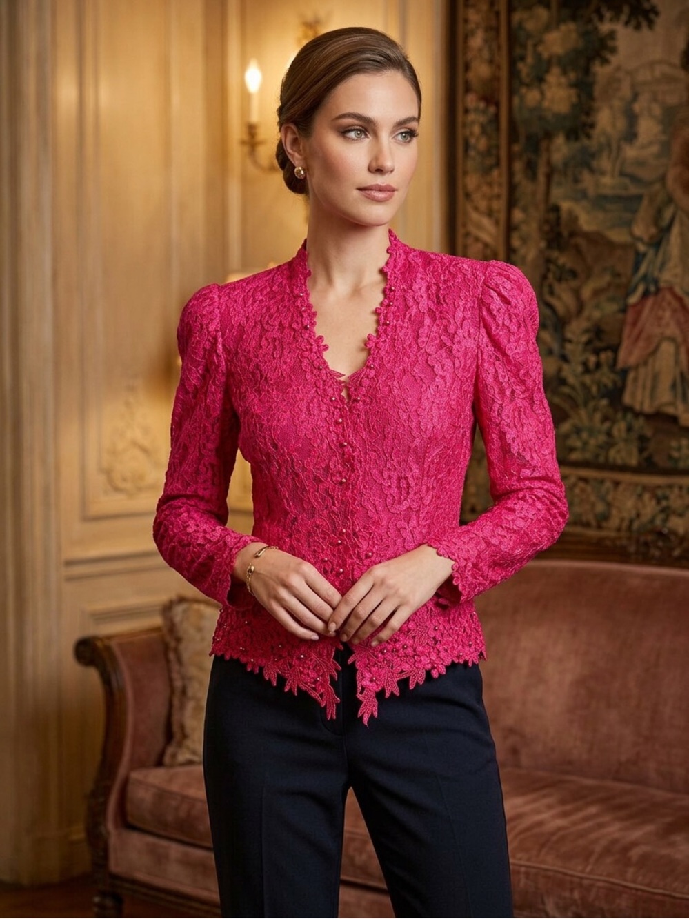 VTG Cachet Bari Protas Pink Lace Embroidered  Blazer Jacket Sz 11/12 Snap Front